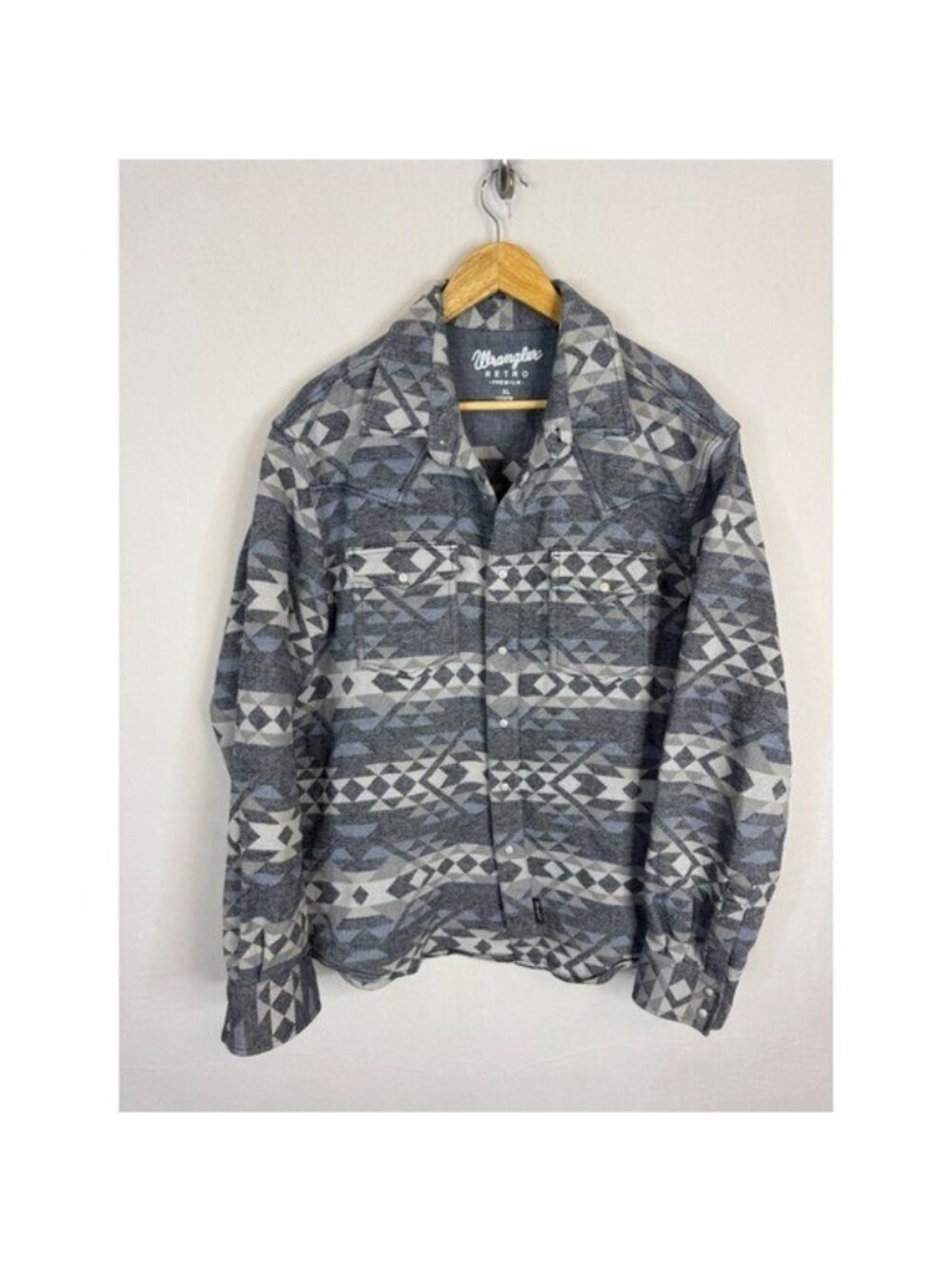 Wrangler Retro Jacquard Shacket Mens XL Grey Blue Aztec Geometric Flannel Shirt
